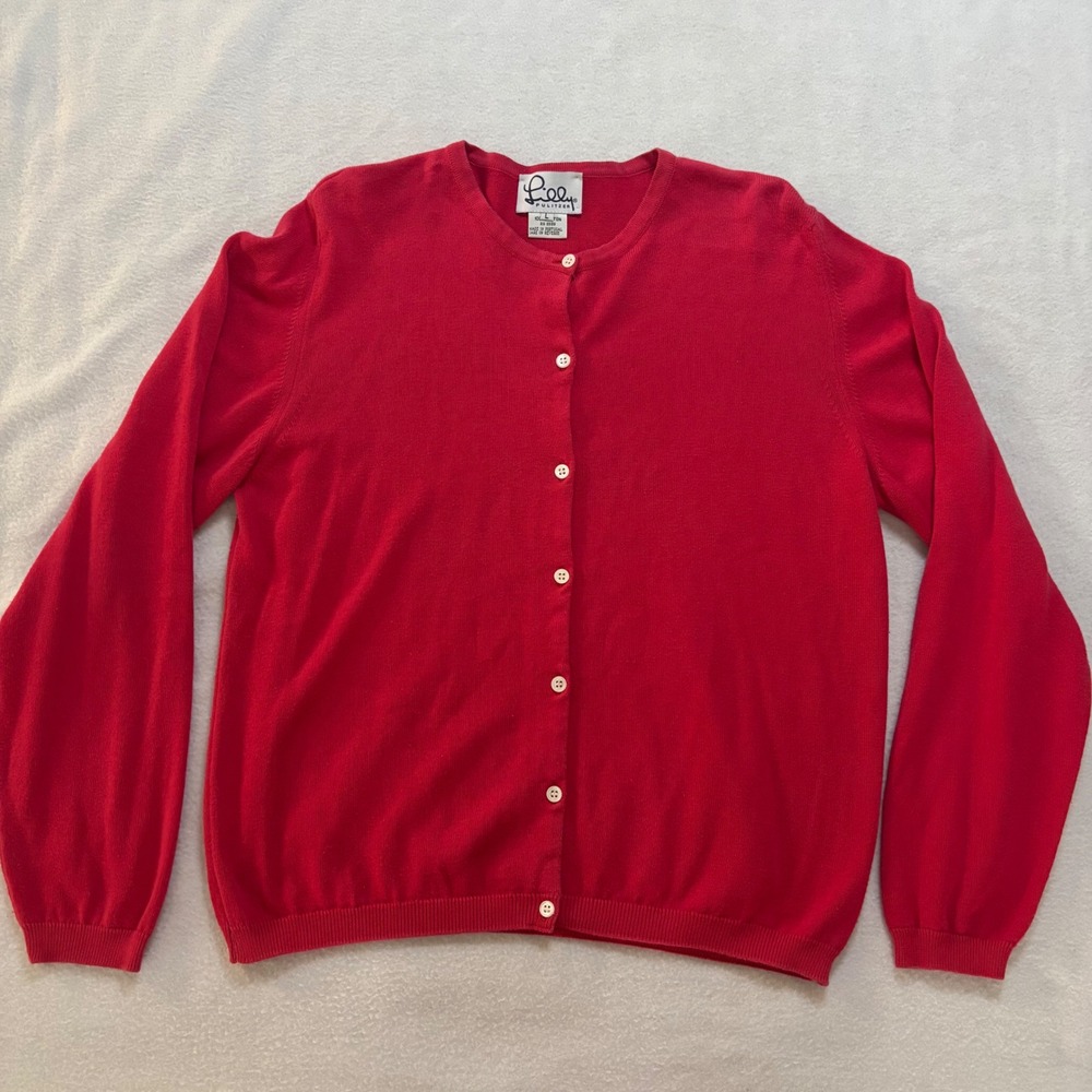 Lilly Pulitzer Red Cotton Crew Neck Button Front Cardigan Sweater Womens Large